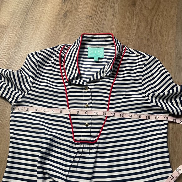 Sail to Sable STS striped silk top S small navy blue gold button long sleeve - Picture 7 of 10